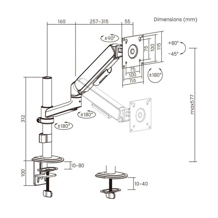 STANDARD Monitorarm zur Mastbefestigung, Mechanische Feder, 17–32 Zoll, max. 10 kg, schwarz