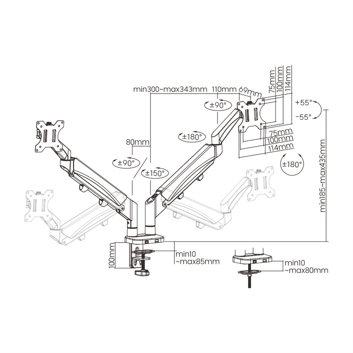 VALUE LCD-Doppelarm, Tischmontage, Platzsparend, Springfeder, 6 Gelenke, 17-32 Zoll, bis 2x 9 kg