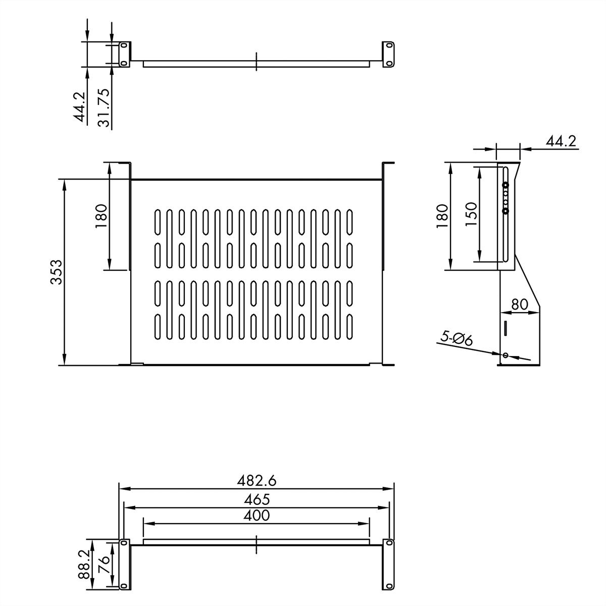 VALUE 19-Zoll-Geräteträger, 485 x 350mm, 2HE, max. 25kg, schwarz