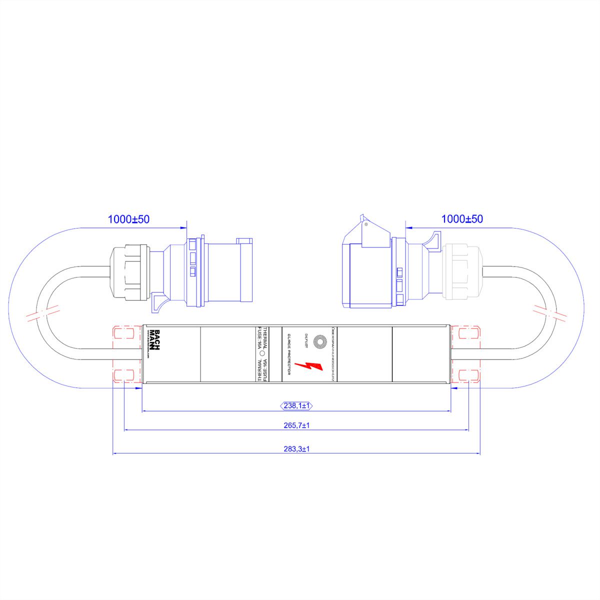 BACHMANN ALU 1HE VM 1xSPD ohne LED, 1m H05VV-F 3G4,00mm CEE 32A
