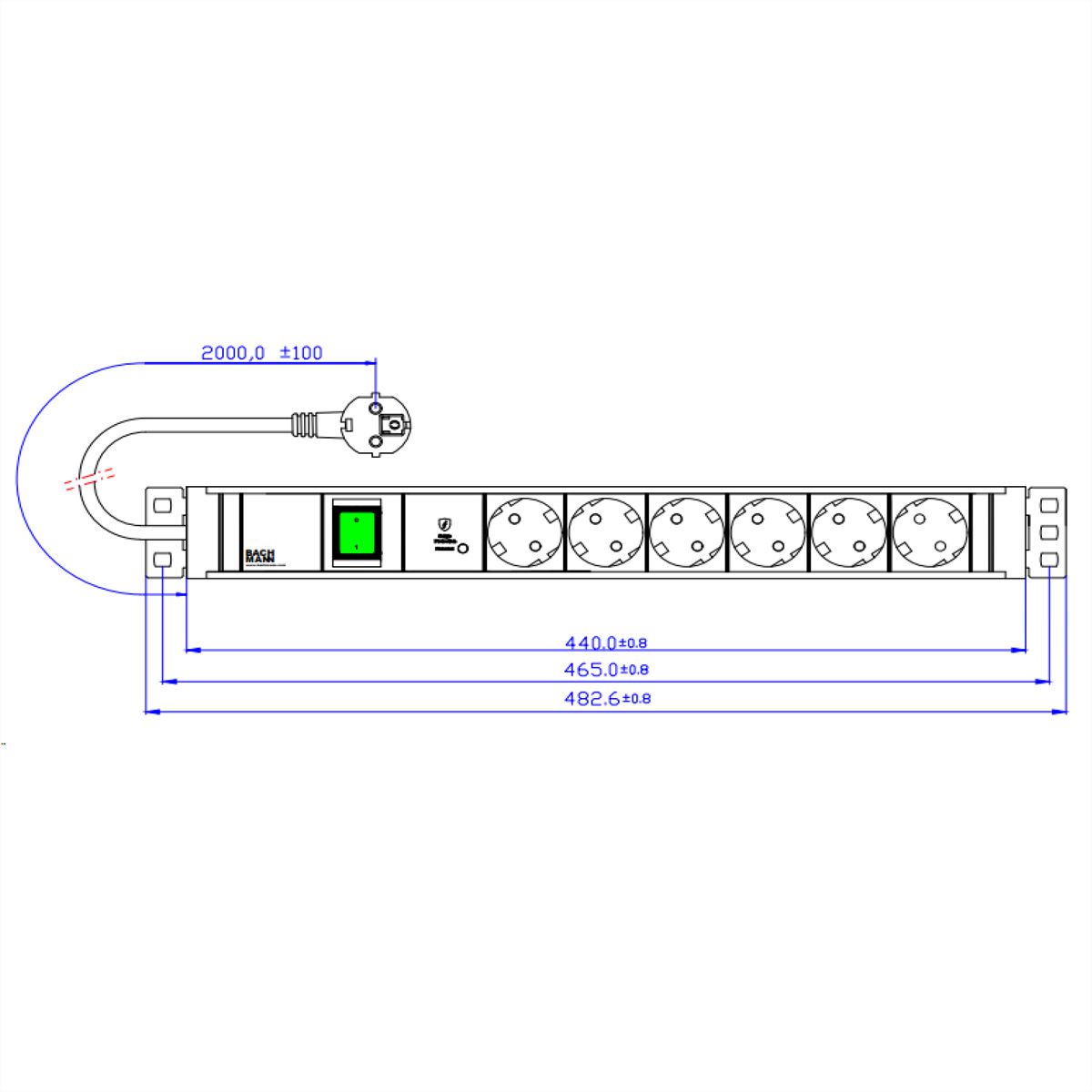 BACHMANN 19" 1,5HE 6xCEE7/3 1xSchalter 1xSPD-Plus 2,0m CEE7/7
