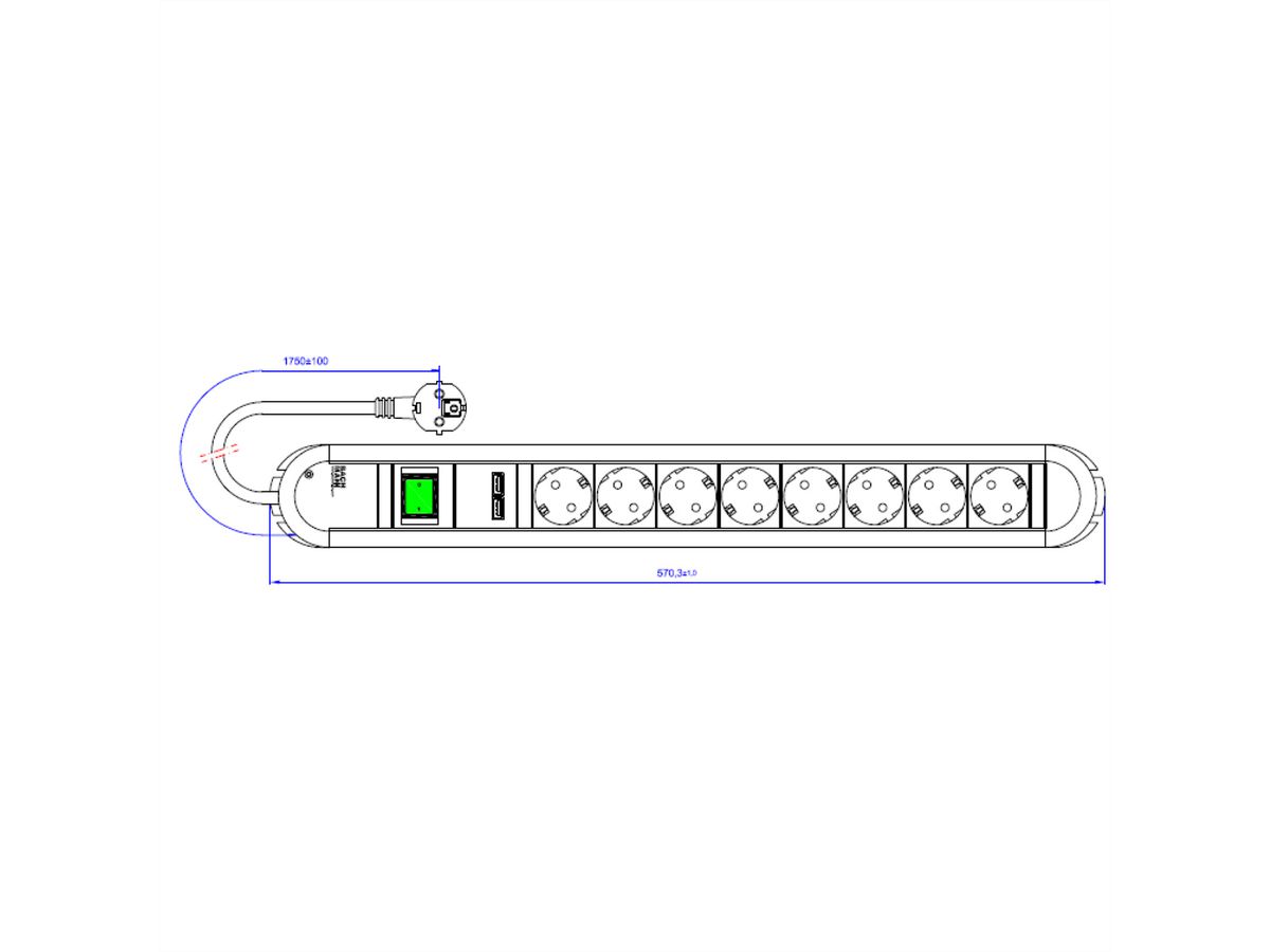 BACHMANN PRIMO Steckdosenleiste 8x Schutzkontakt, 2x USB-Ladeport, Schalter, 1,75 m