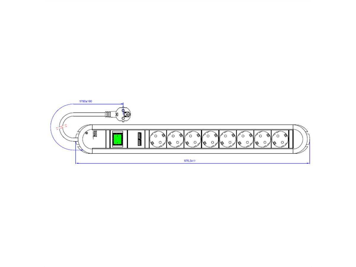 BACHMANN PRIMO Steckdosenleiste 8x Schutzkontakt, 2x USB-Ladeport, Schalter, 1,75 m