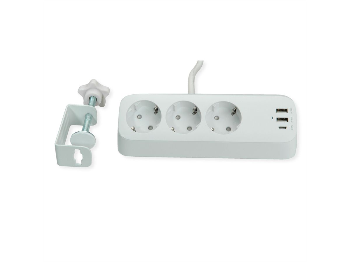 VALUE Tisch-Steckdosenleiste, 3fach mit Tisch-Klemme, inkl. USB-Charger (2x USB-A, 1x USB-C), 1,5 m