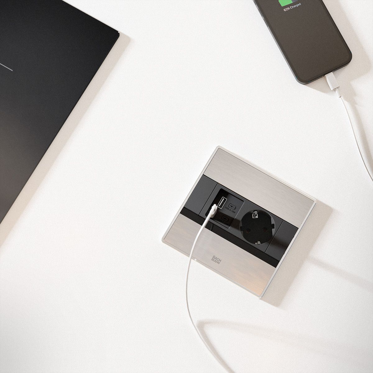 BACHMANN SENSE Edelstahl-Optik 1x CEE7/3, 1x USB A/C L=2,0m AEH