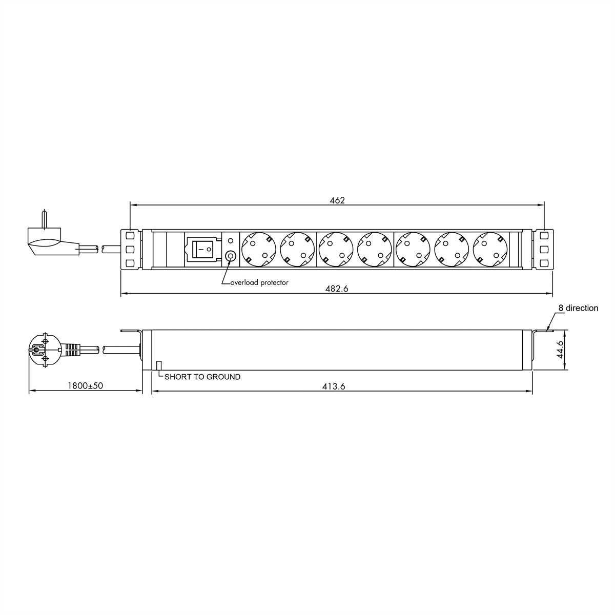VALUE 19-Zoll-Steckdosenleiste 7fach mit Überlastschutz, 1 HE, Schutzkontakt-Stecker, 1,8 m