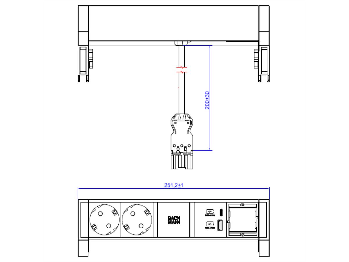 BACHMANN DESK2 ALU WHITE 2xCEE7/3 1xCM 1xUSB A/C 22W 0,2m GST18