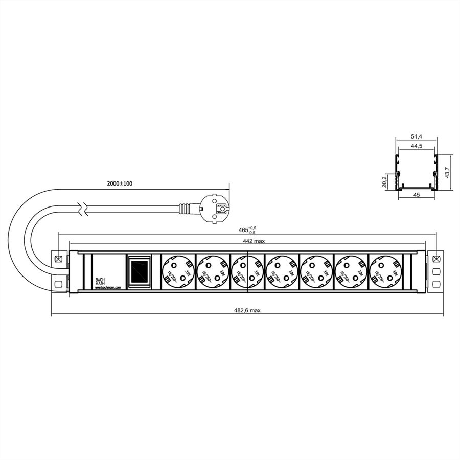BACHMANN 19" 1,5HE 7xCEE7/3 1xSchalter Strom 2,0m CEE7/7