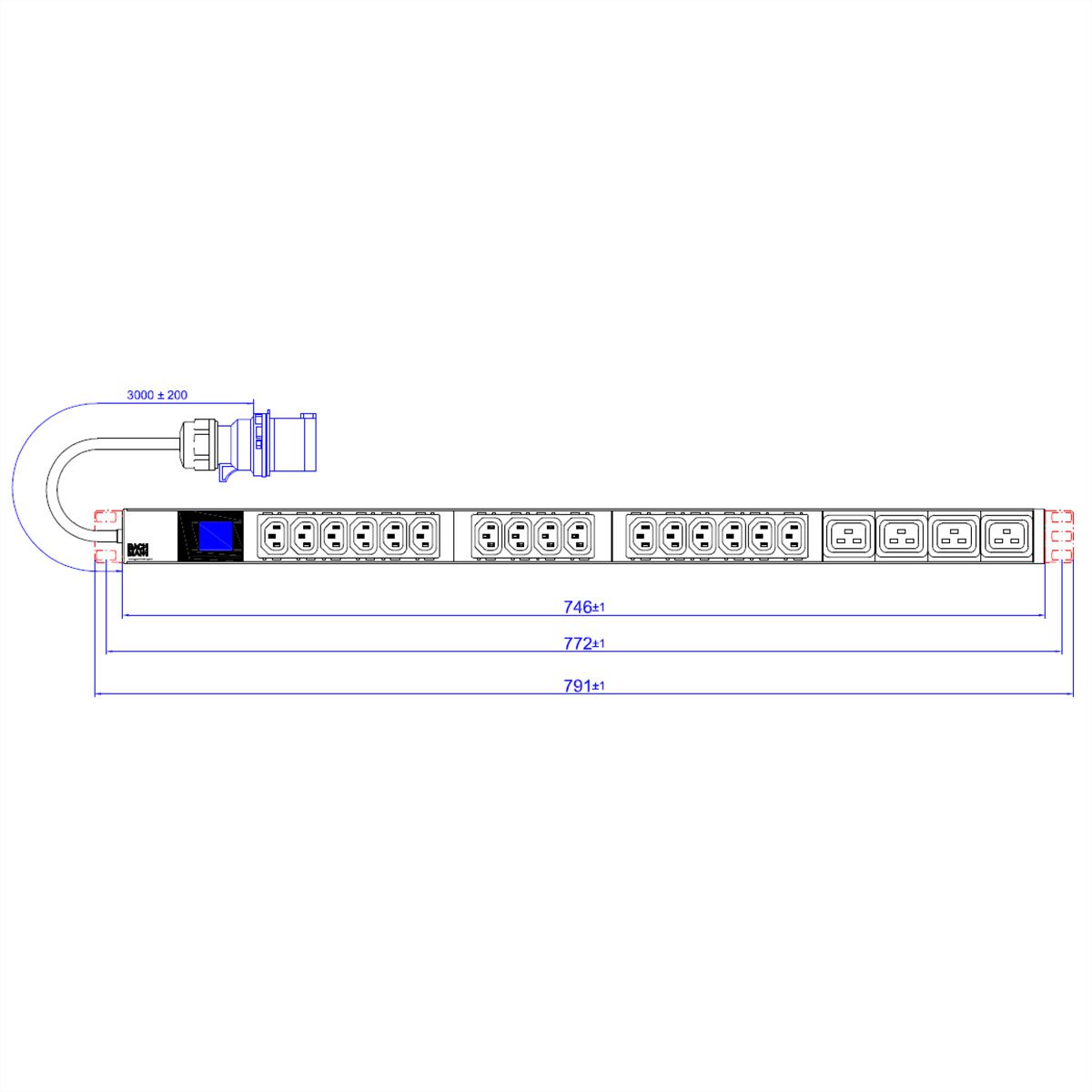 BACHMANN BN0500 19" PDU 1HE 16xC13 4xC19, Leistungsmessung, Anschluss CEE 16A, blau