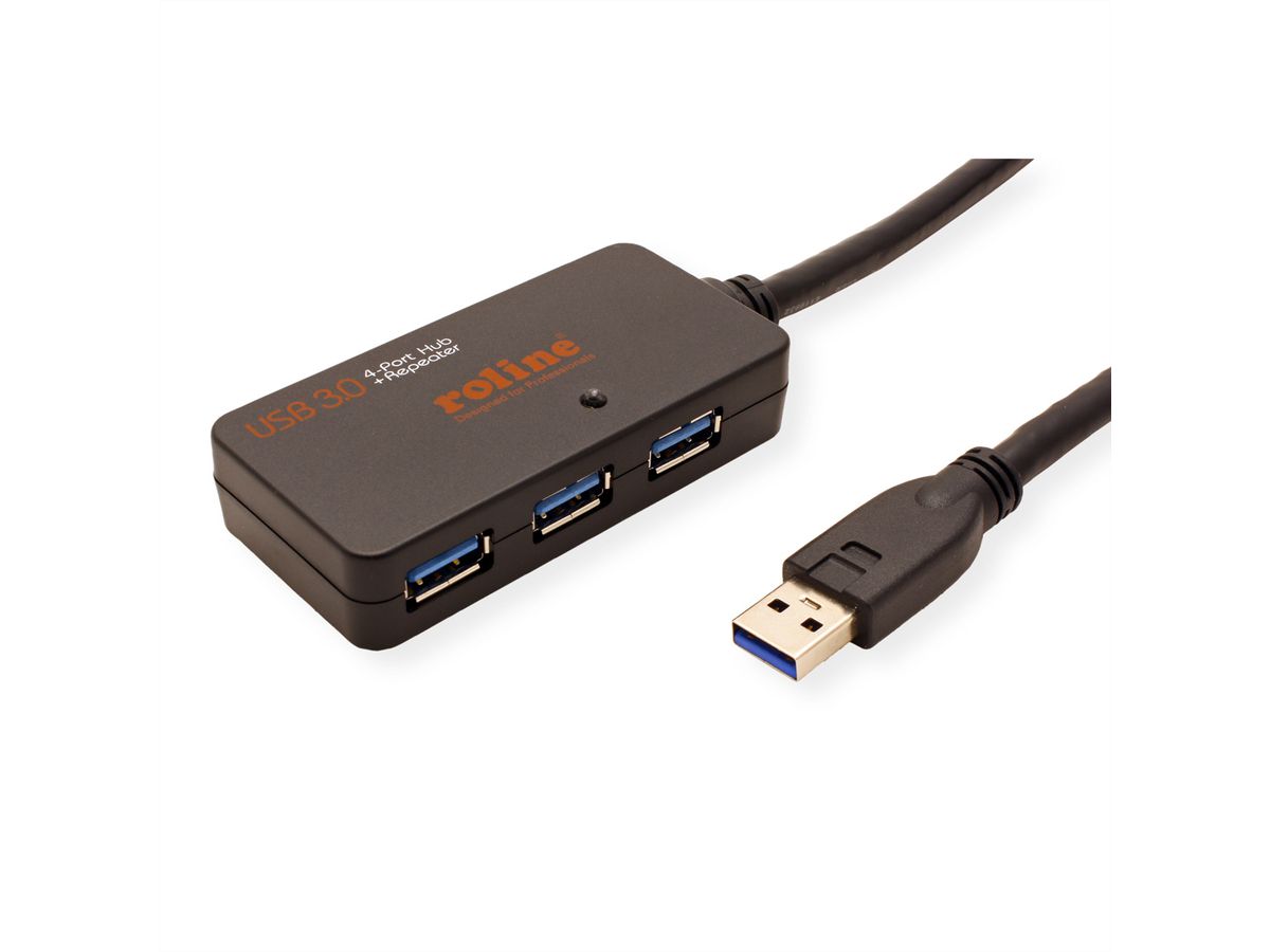 ROLINE USB 3.2 Gen 1 4-Port Hub mit Repeater, schwarz, 10 m