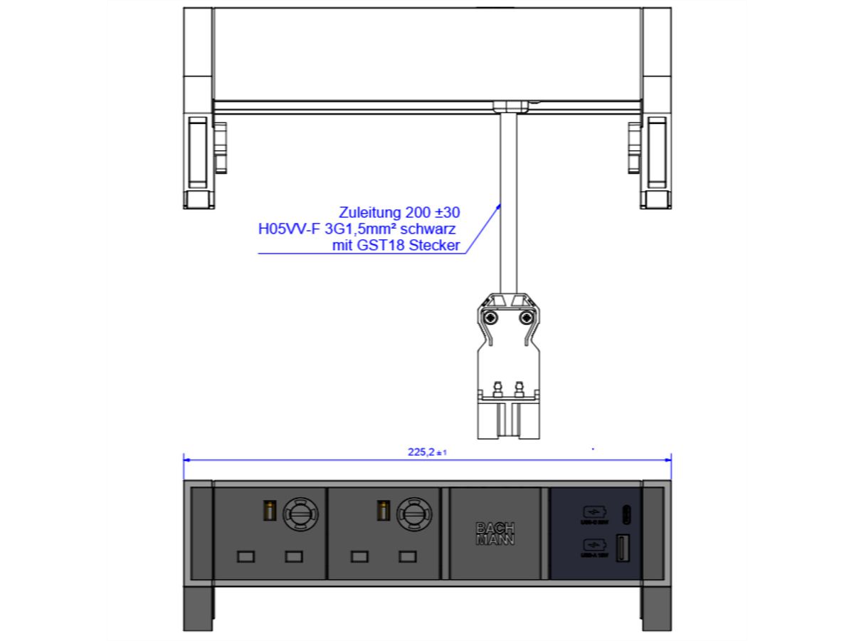 BACHMANN DESK2 2xUK 1xUSB A/C 22W, 0,2m GST18 RAL9010 United Kingdom