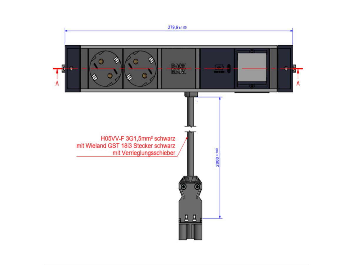 BACHMANN DESK RAIL 2xSchutzkontakt USB C, USB Charger 30W 1xABD 2,0m GST18