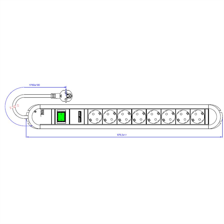 BACHMANN PRIMO Steckdosenleiste 8x Schutzkontakt, 2x USB-Ladeport, Schalter, 1,75 m