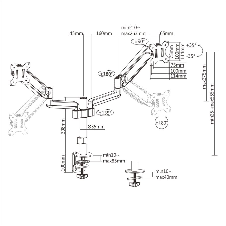 VALUE Dual LCD-Arm Trägerstange, 4 Gelenke, Tischmontage, 17-32 Zoll, bis 2x 9 kg