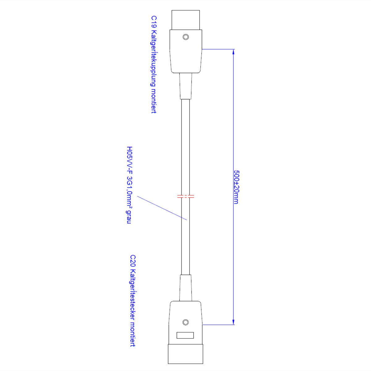 BACHMANN Verlängerung H05VV-F3G1,5,grau, C20-Kaltgeräte-Stecker  