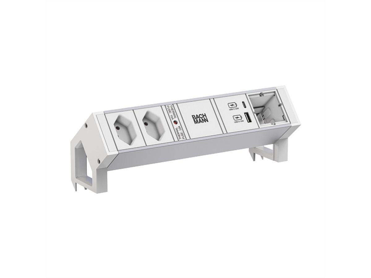 BACHMANN DESK2 ALU WHITE 2xCH 0° 1xCM 1xUSB A/C 22W 0,2m GST18