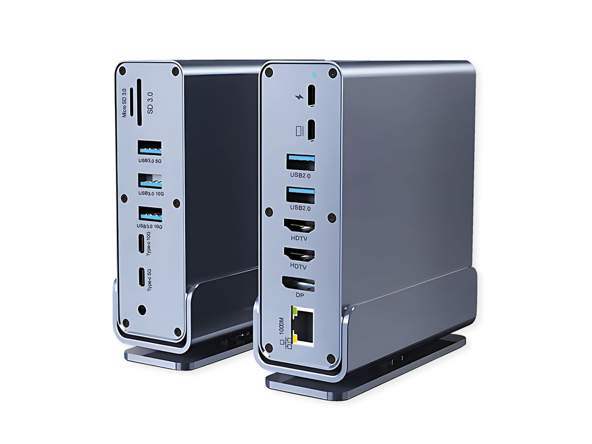 VALUE USB Typ C Docking Station 16in1, 2x HDMI 4K60, 1x DP 4K60, 1x Gigabit Ethernet, 5x USB A, 2x USB C, 1x Typ C PD, 1x SD/microSD, 1x Audio