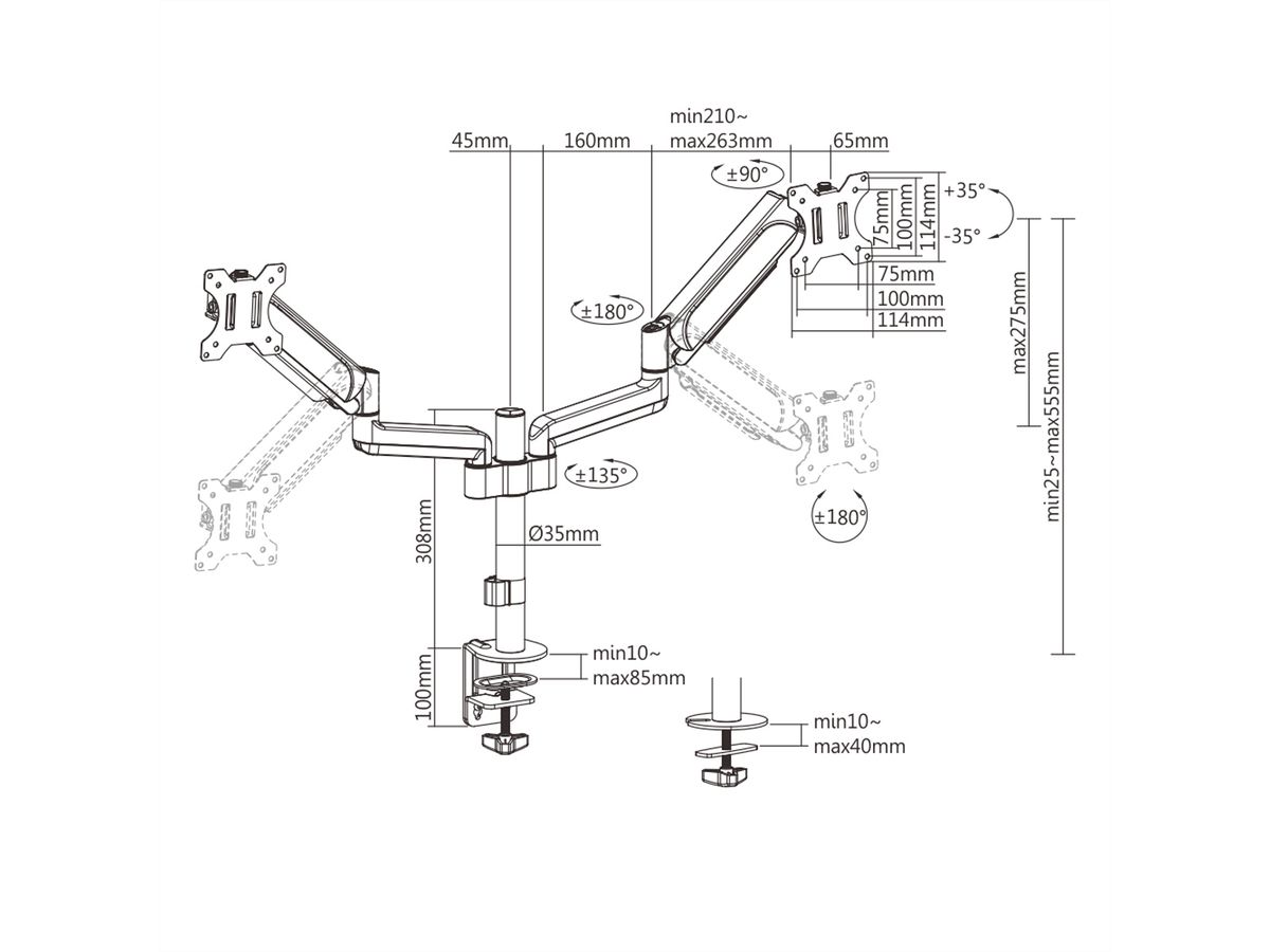 VALUE Dual LCD-Arm Trägerstange, 4 Gelenke, Tischmontage, 17-32 Zoll, bis 2x 9 kg