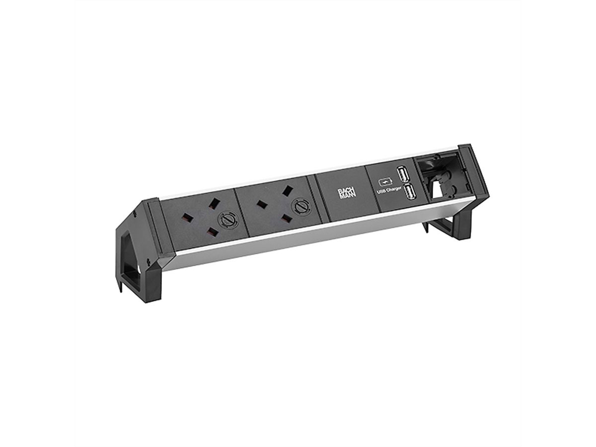 BACHMANN DESK2 ALU BLACK 2xUK 1xCM, USB Charger 0,2m GST18 United Kingdom