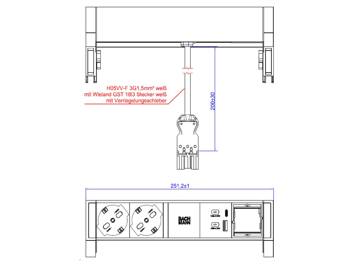 BACHMANN DESK2 white 2xP40 1xSchalter 1xUSB A/C 22W 1xCM 0,2m GST18