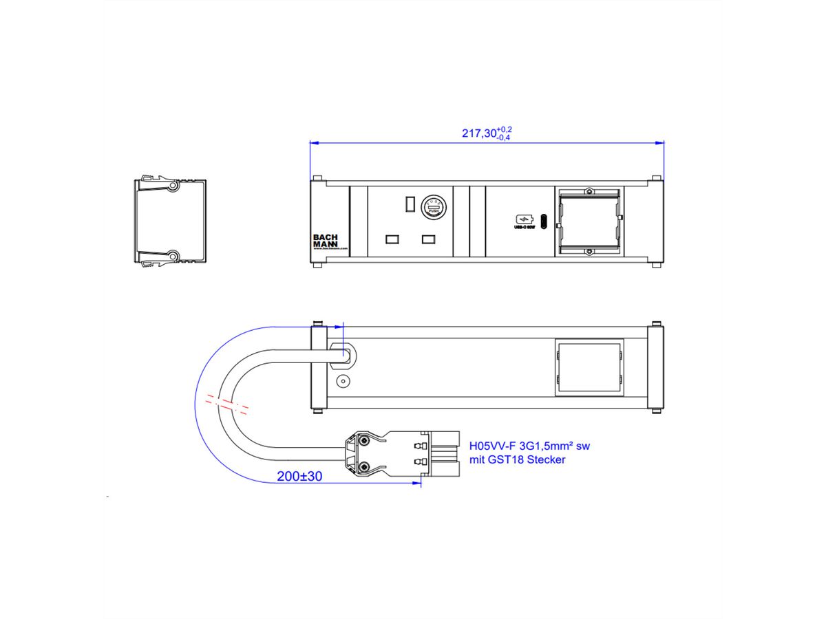 BACHMANN CONI 1xUK 90° 1xUSB C 30W, 1xCM 0,2m GST18 United Kingdom