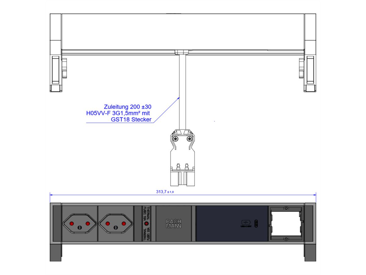 BACHMANN DESK2 2xCH 1xUSB C 60W 1xCM, 0,2m GST18 RAL9010 Schweiz