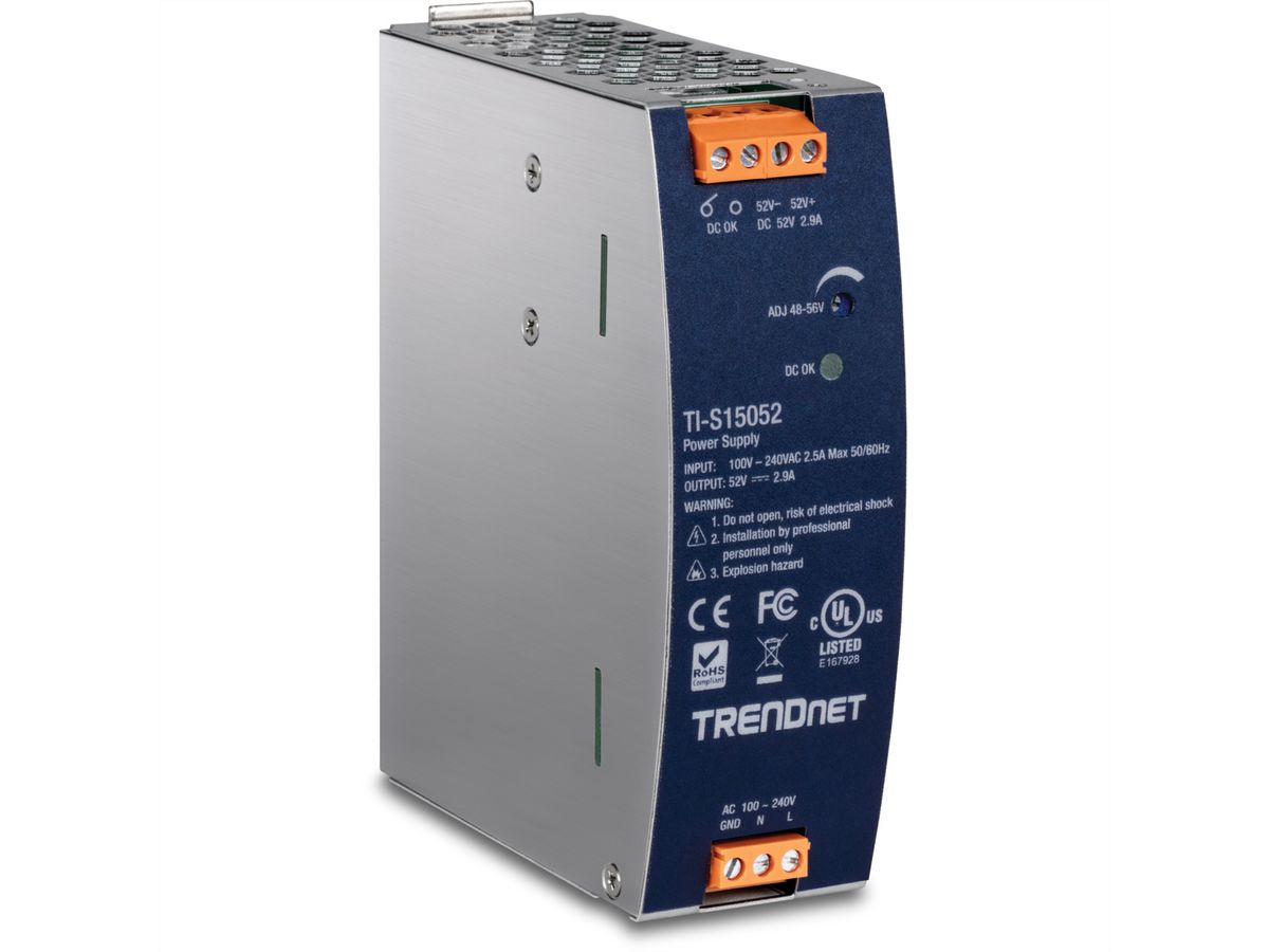 TRENDnet TI-S15052 DIN-Rail Power Supply, 150W, 52V DC, 2.89A AC zu DC mit PFC