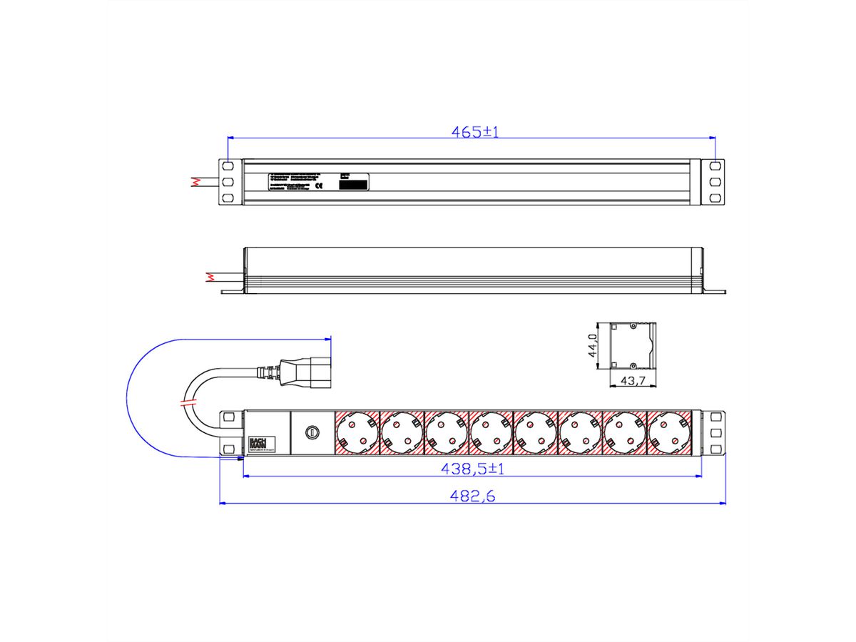 BACHMANN 19" Steckdosenleiste 8-fach 2300W, IEC320 C14 Stecker, Schwarz