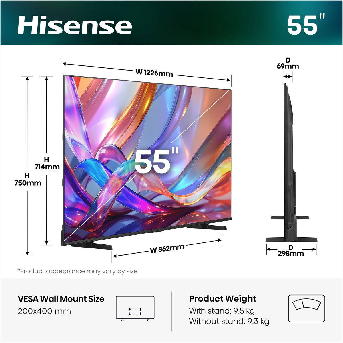 Hisense TV 55E7S 55", QLED 4K, 60Hz, 330 Nits