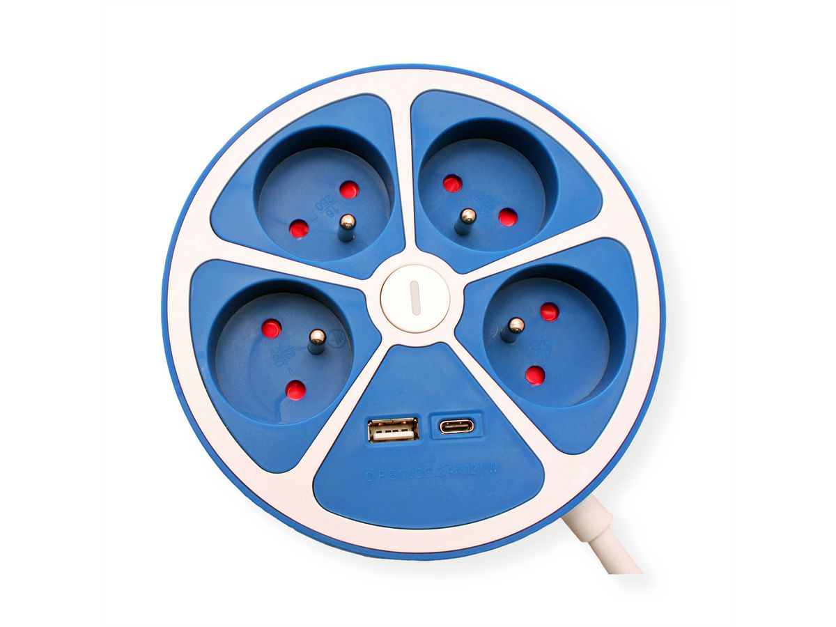 ROLINE 4-fach Steckdosenleiste mit Schalter, rund, UTE Version, USB-Charger A+C, blau, 3 m