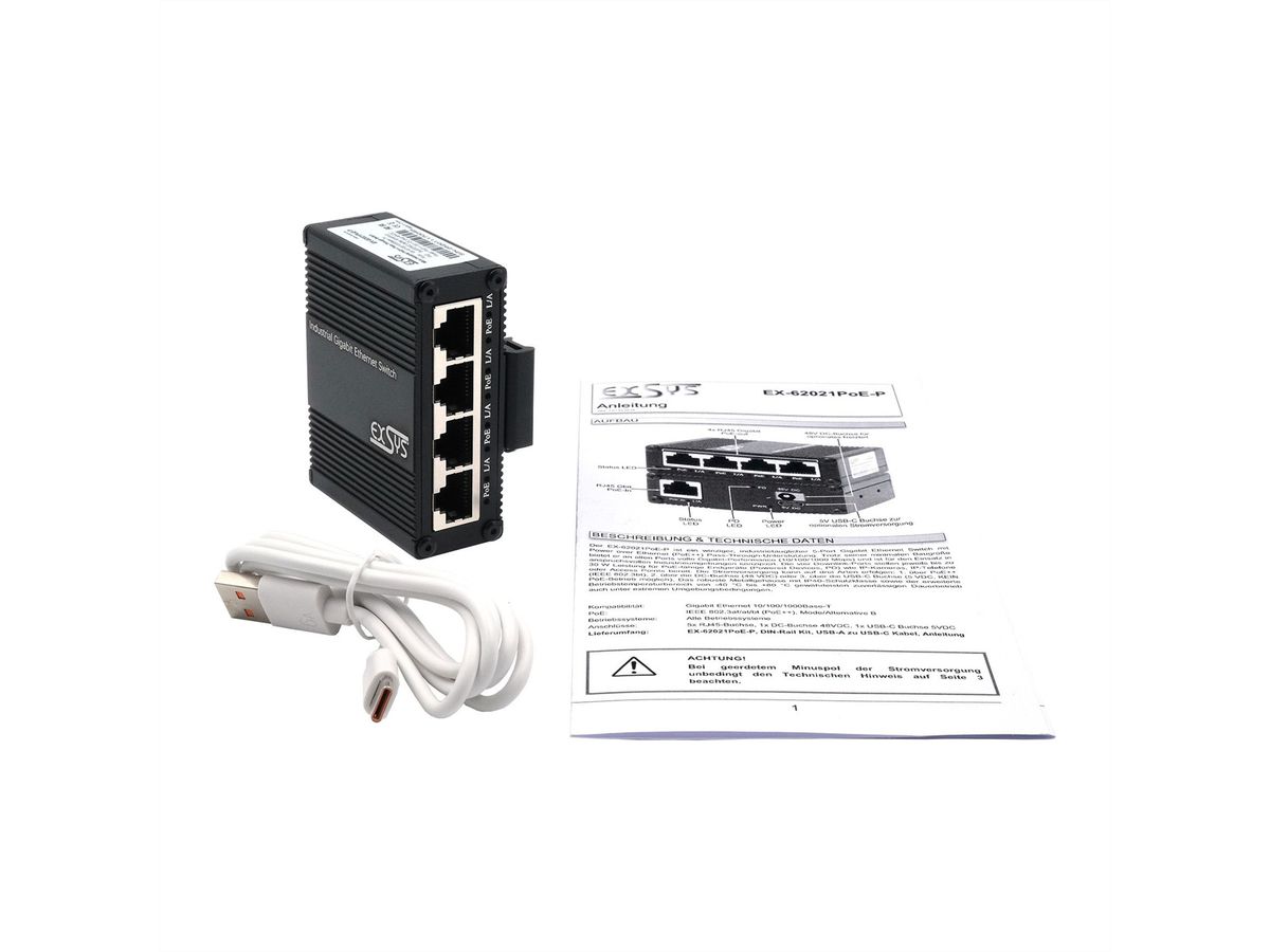 EXSYS EX-62021PoE-P 5-Port Industrial Gigabit Micro Switch mit Pass-Through, unmanaged
