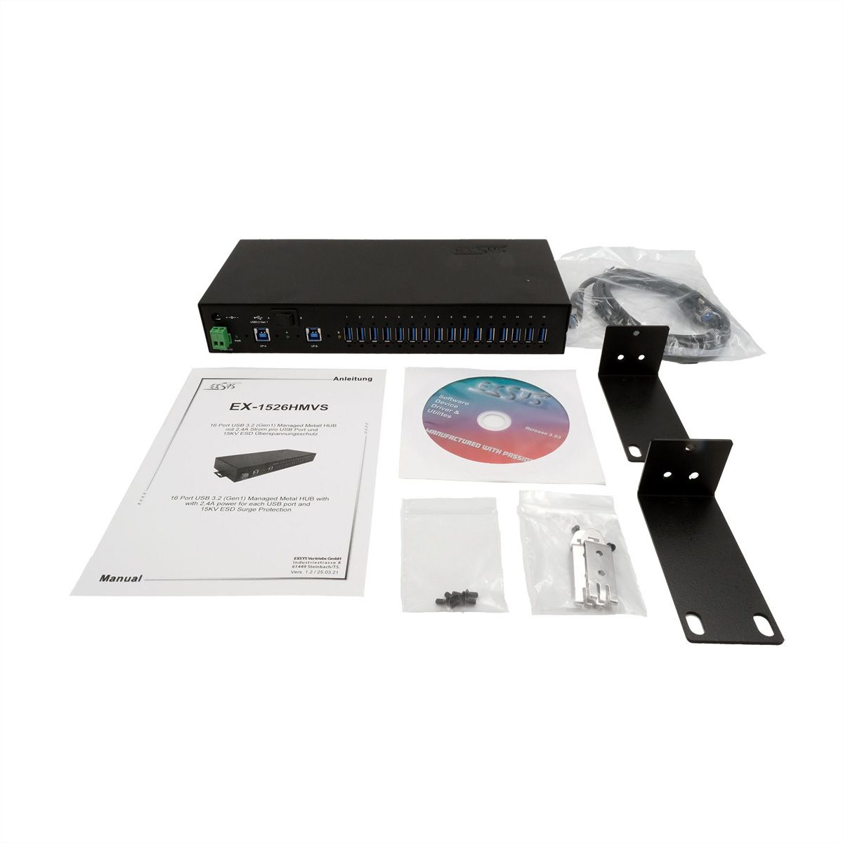 EXSYS EX-1526HMVS 16-Port USB 3.2 Gen1 Managed Metall HUB mit 15KV ESD Überspannungs-Schutz
