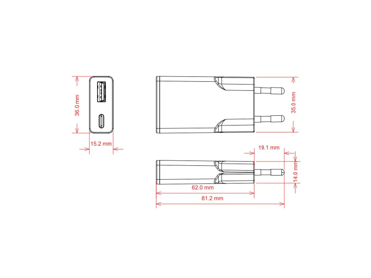 VALUE USB Charger mit Euro-Stecker, 2 Ports Typ A+C, 30W