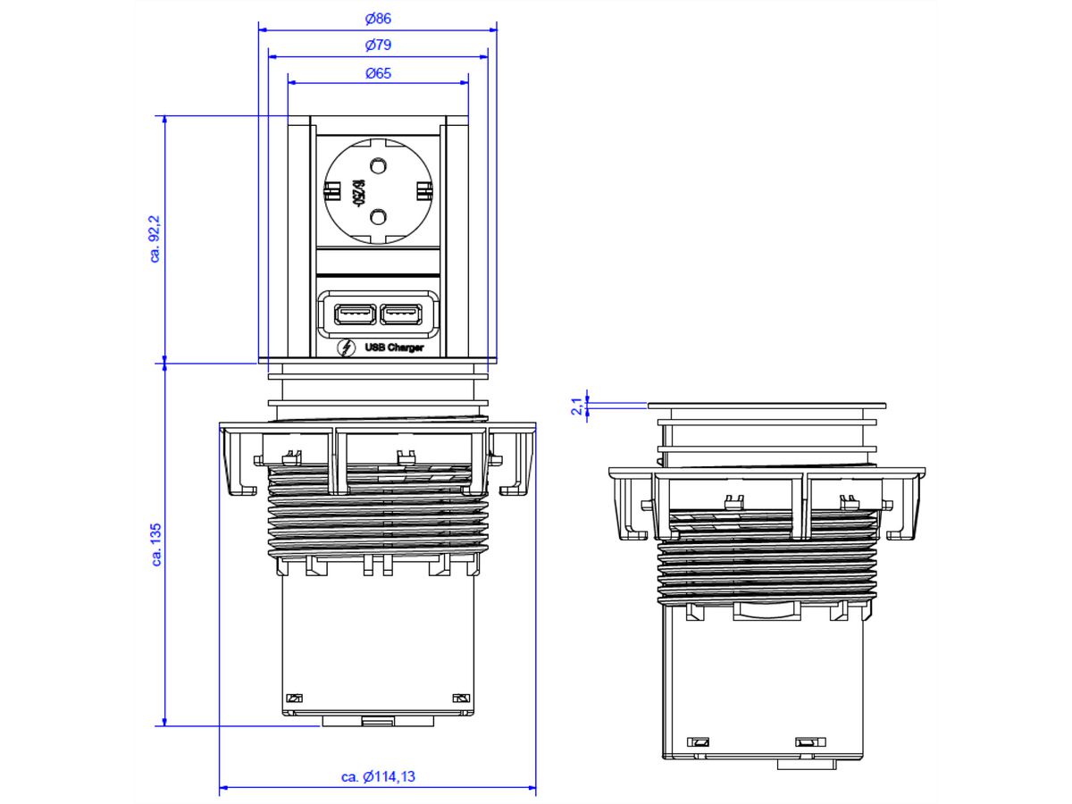 BACHMANN ELEVATOR 1xCEE7/3 1xUSB Charger 2,0m AEH RAL9005