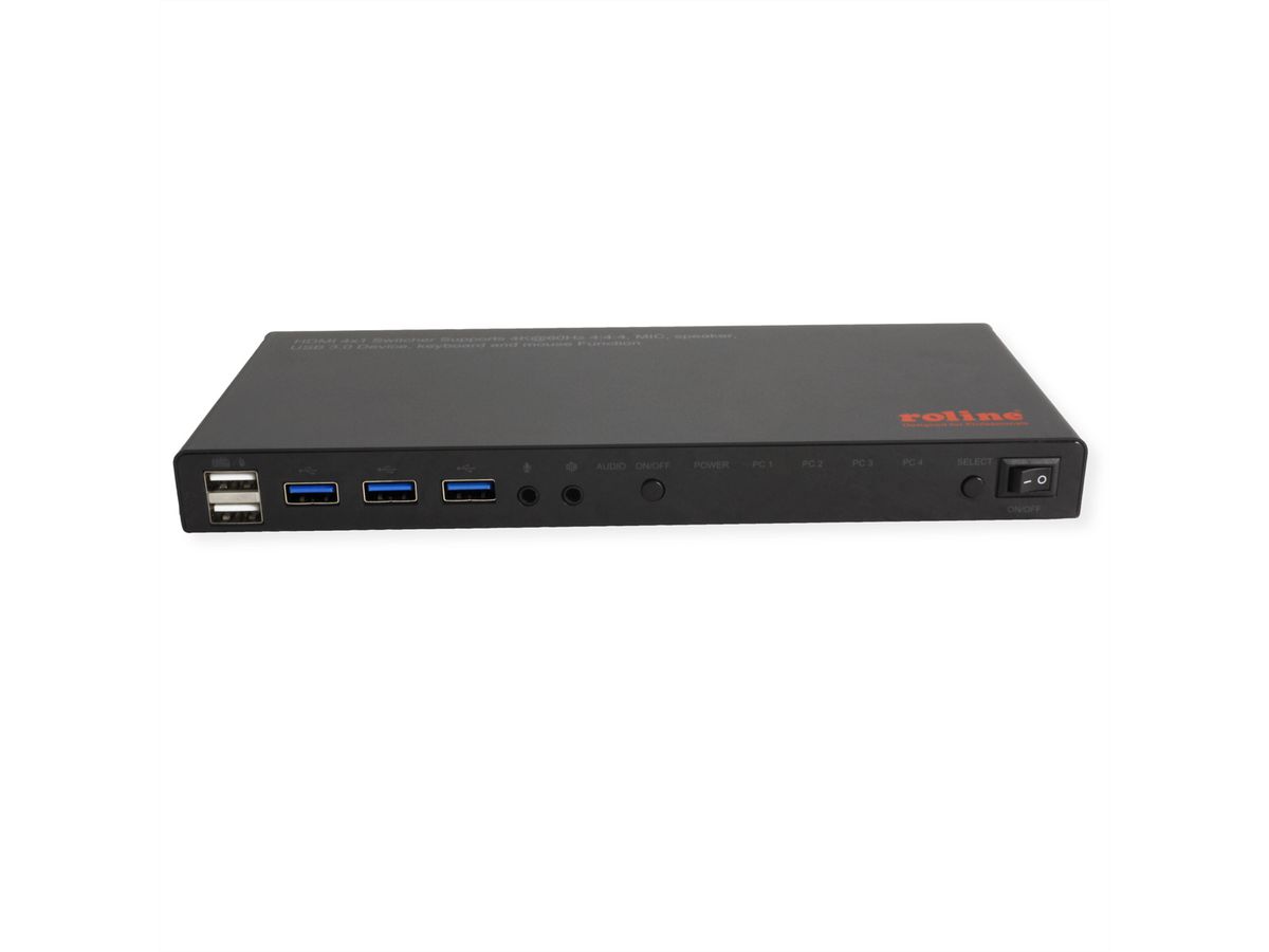 ROLINE KVM Switch, HDMI 4K, USB, 1 User - 4 PC, mit 3-Port USB-Hub