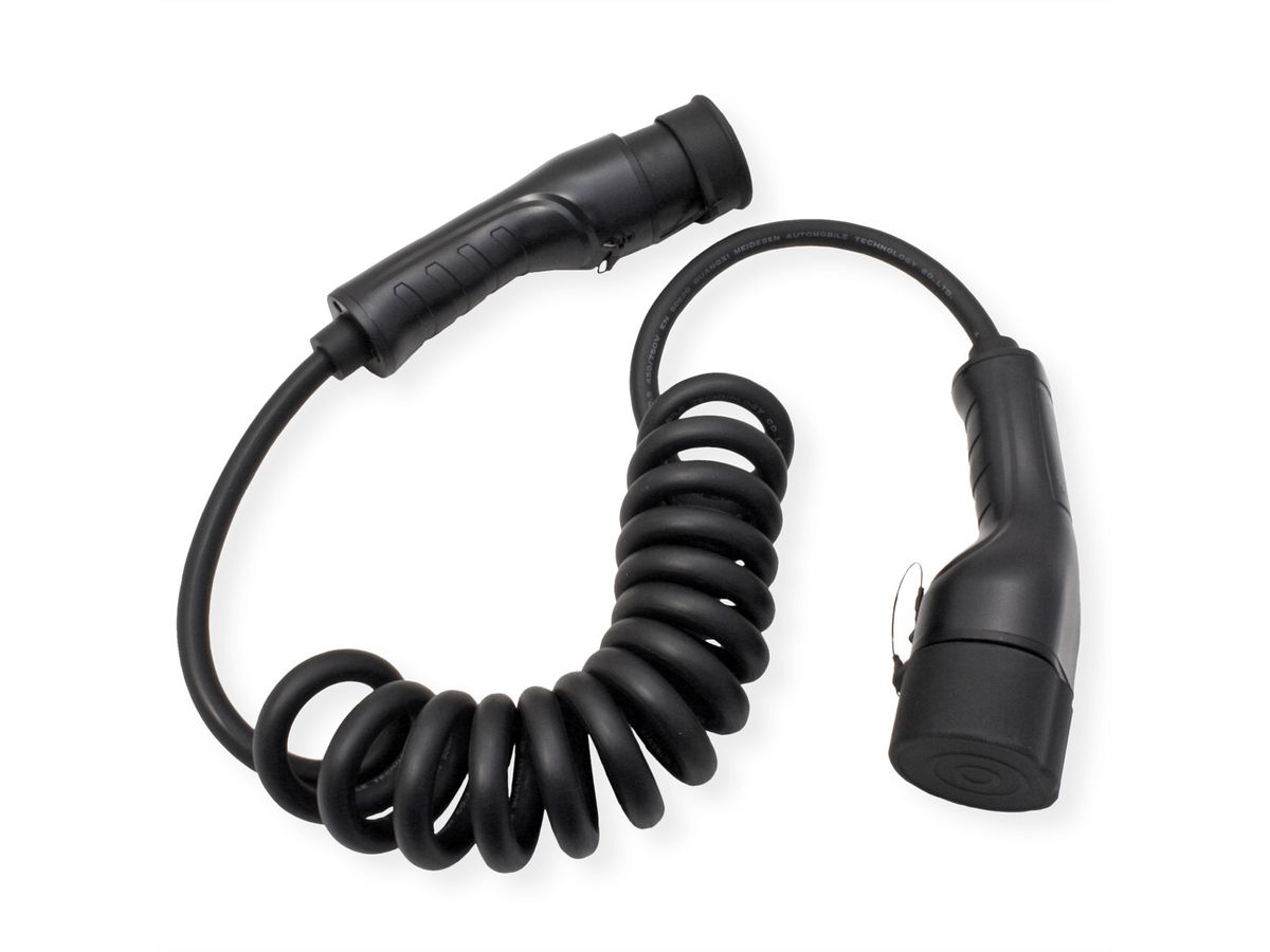 ROLINE E-Auto Ladekabel Typ2, 1-phasig, 250VAC (1P+N+E), 32 A, 7,4 kW, Spiralkabel, 3 m