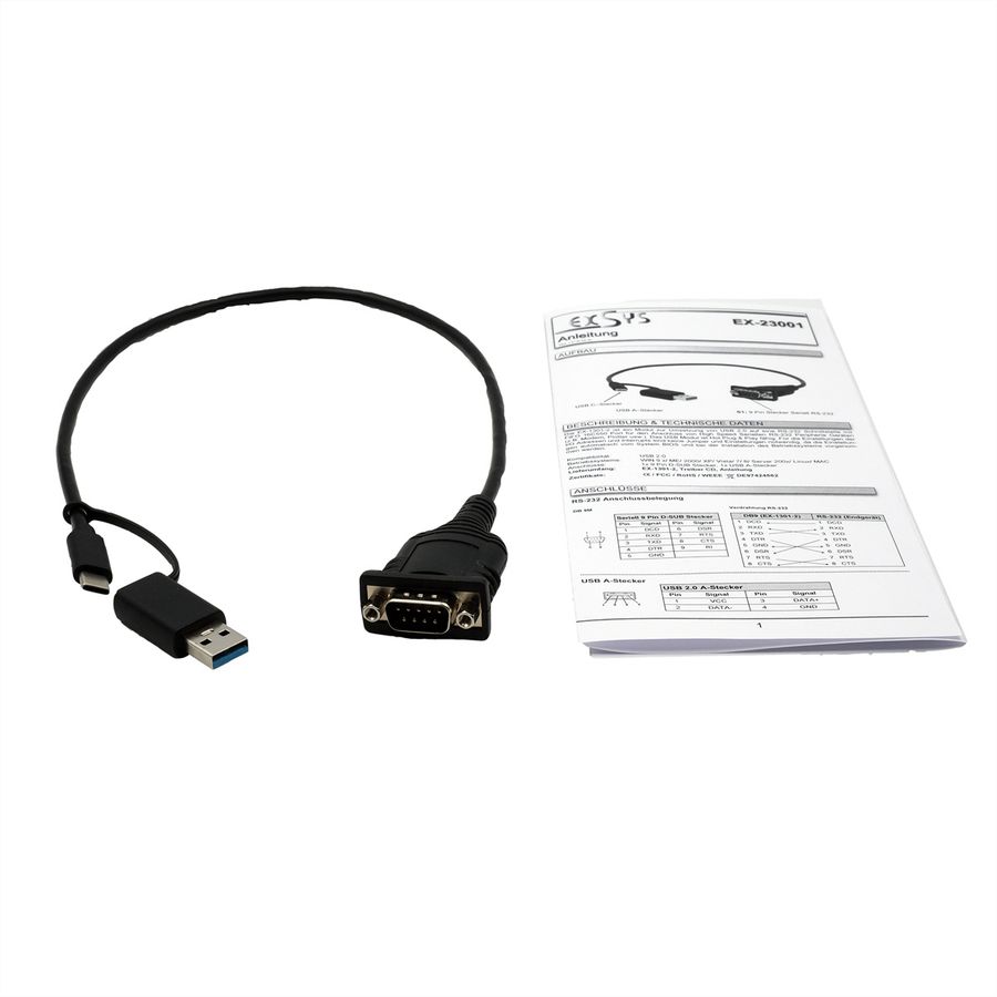 EXSYS EX-23001 USB 2.0 mit C- und A-Stecker zu 1 x Seriell RS-232 Kabel mit 9 Pin Stecker FTDI Chip-Set