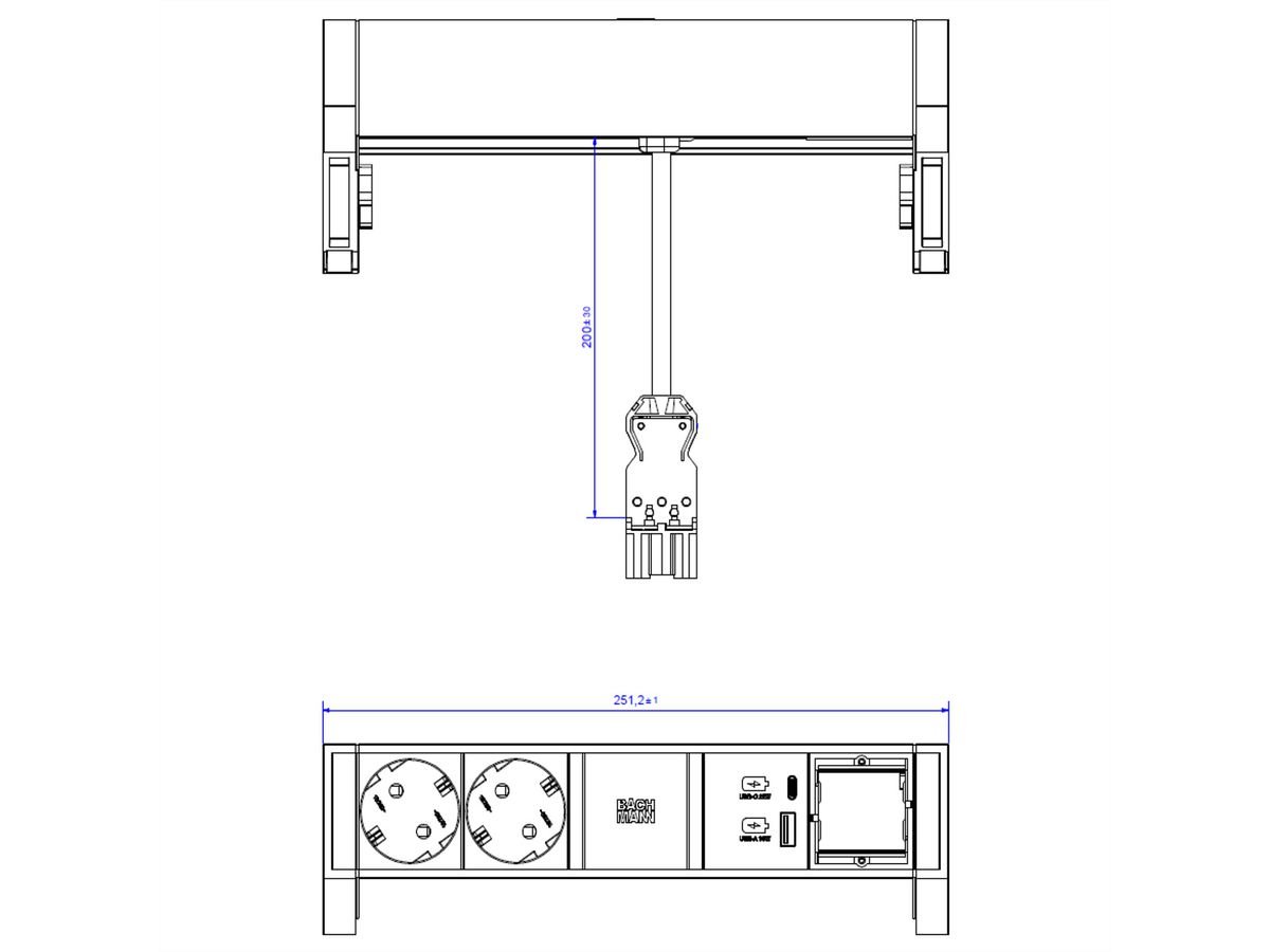 BACHMANN DESK2 ALU BLACK 2xSchutzkt.USB, USB Charger 22W A&C 1xABD 0,2m GST18