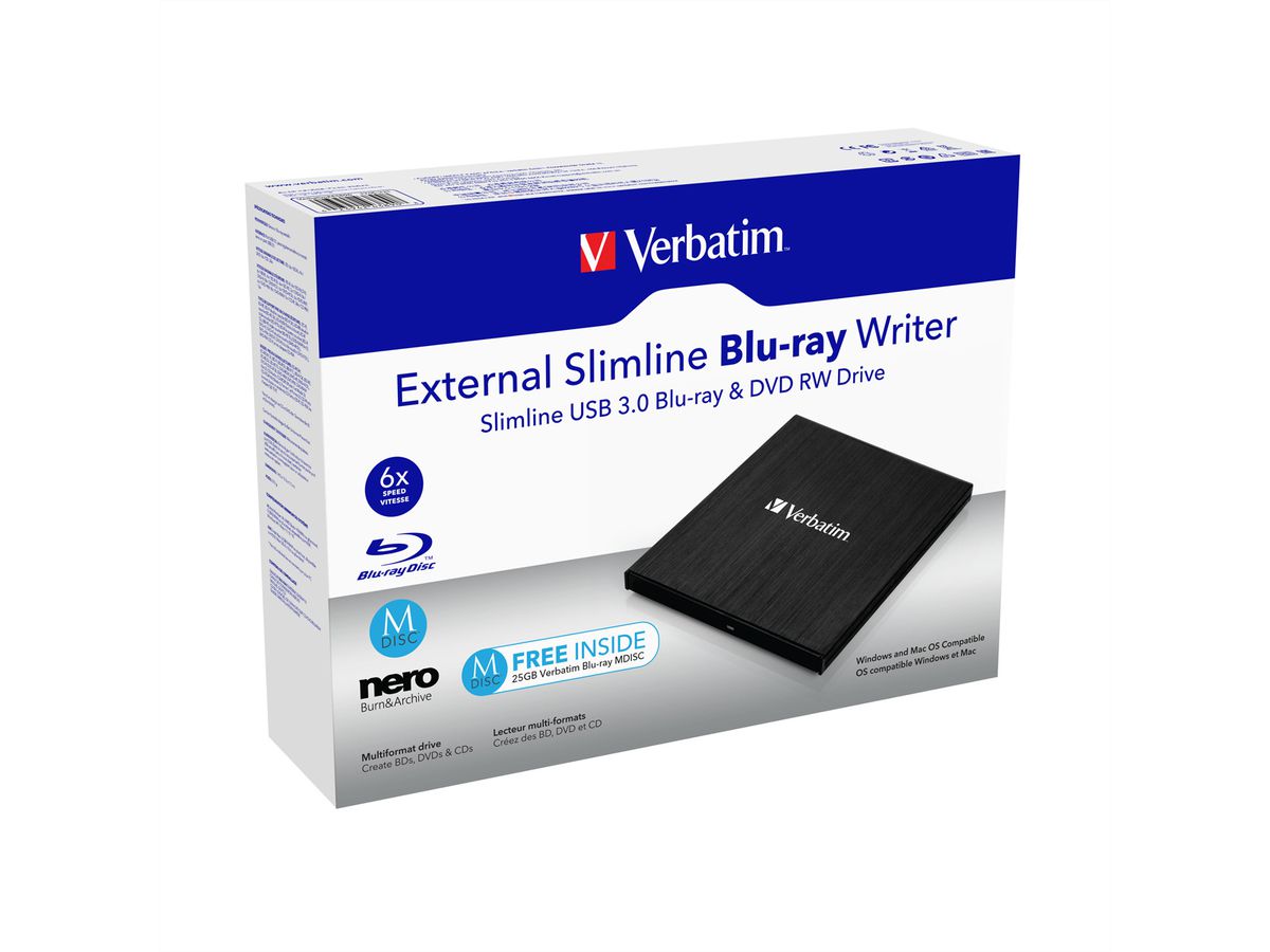 VERBATIM Blu-Ray Recorder, BDXL, USB 3.0, 6x/8x/24x, Slimline portable