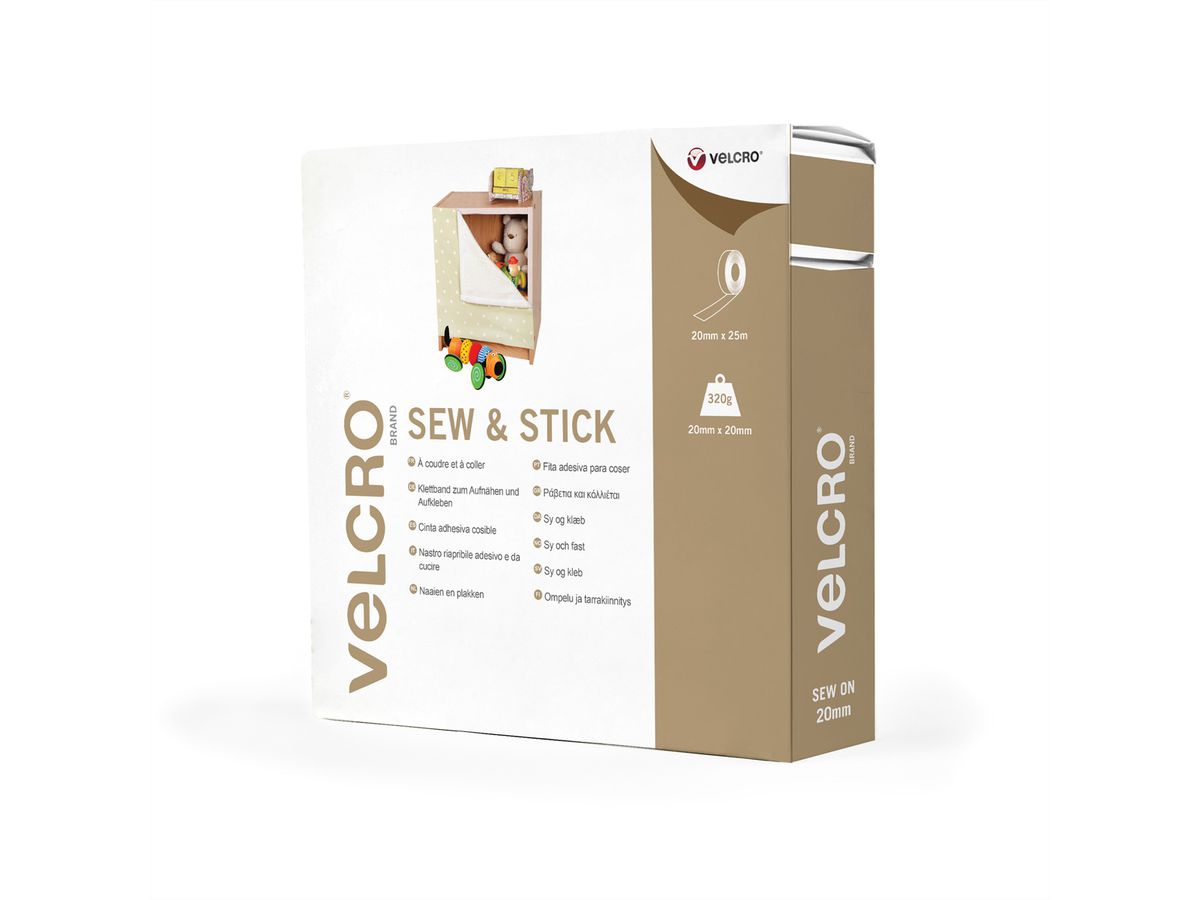 VELCRO® Klettband zum Aufnähen & Aufkleben, Haken & Flausch 20mm x 25m Weiß