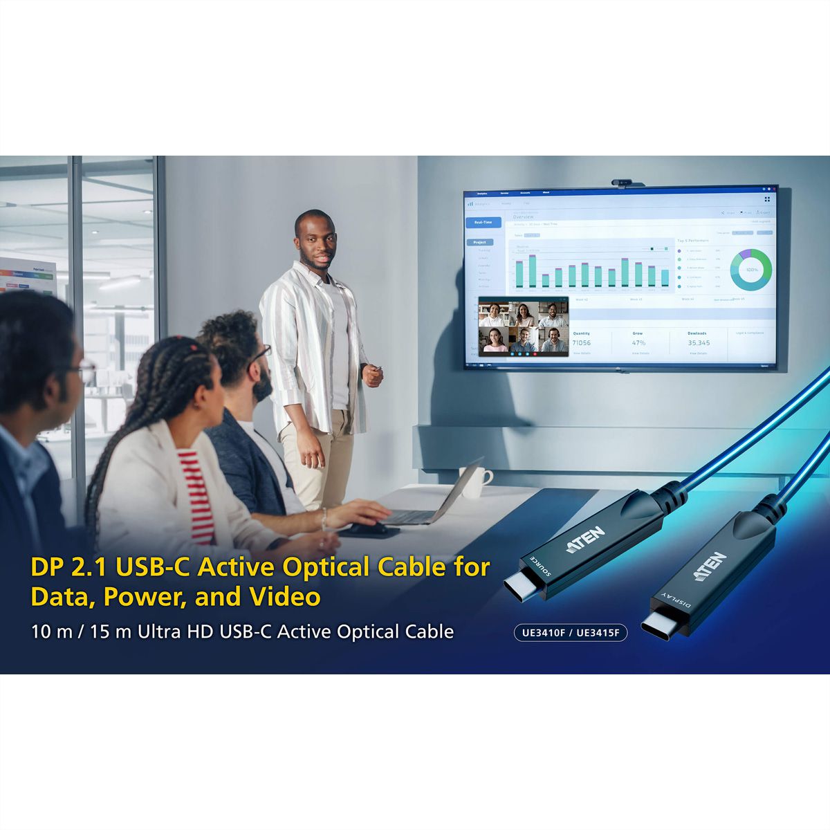 ATEN UE3415F aktives optisches Ultra HD-Kabel mit USB-C, schwarz, 15 m