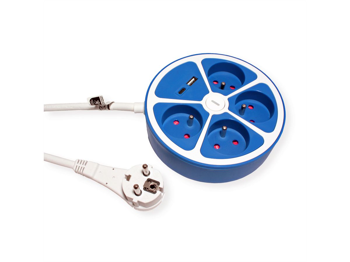 ROLINE 4-fach Steckdosenleiste mit Schalter, rund, UTE Version, USB-Charger A+C, blau, 3 m