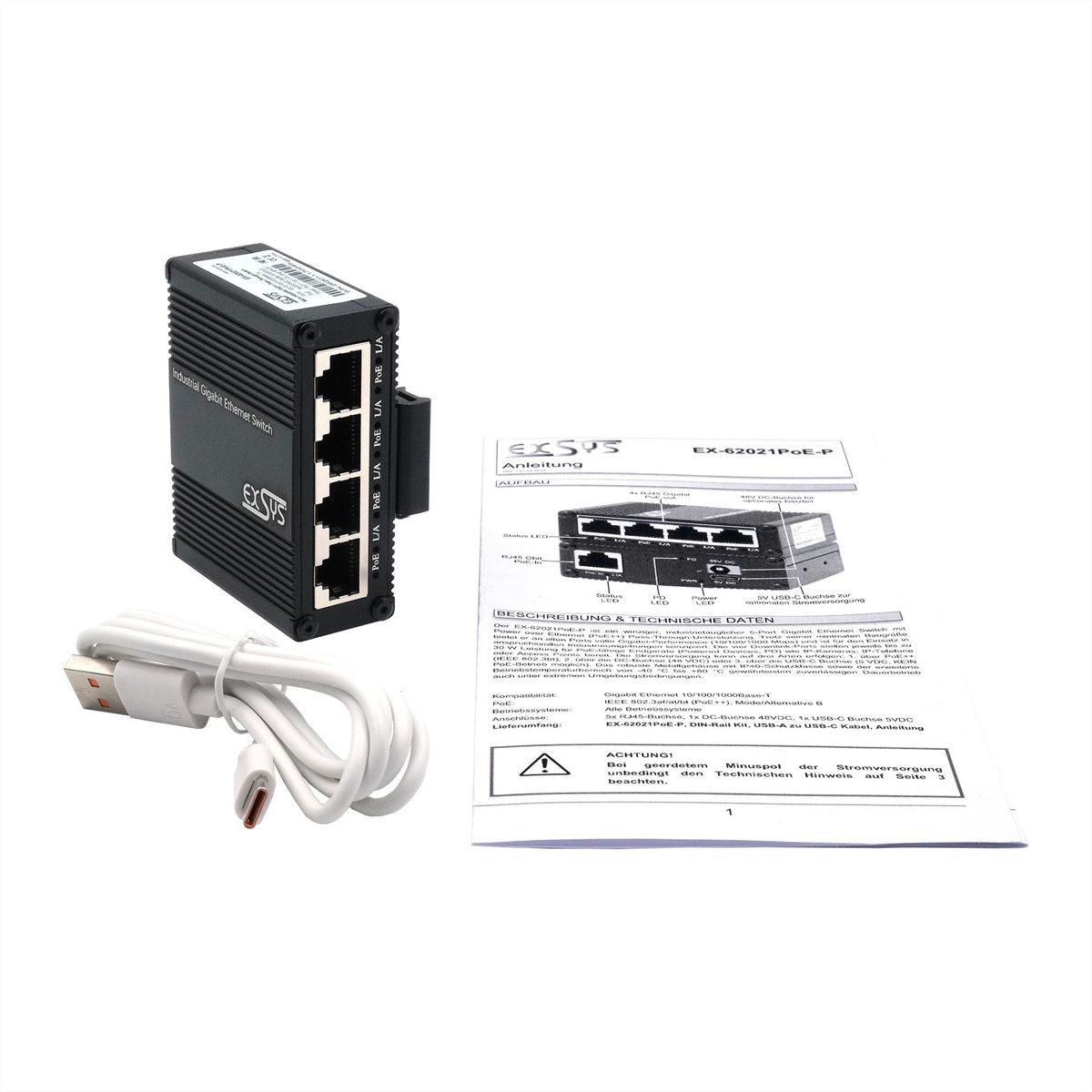 EXSYS EX-62021PoE-P 5-Port Industrial Gigabit Micro Switch mit Pass-Through, unmanaged