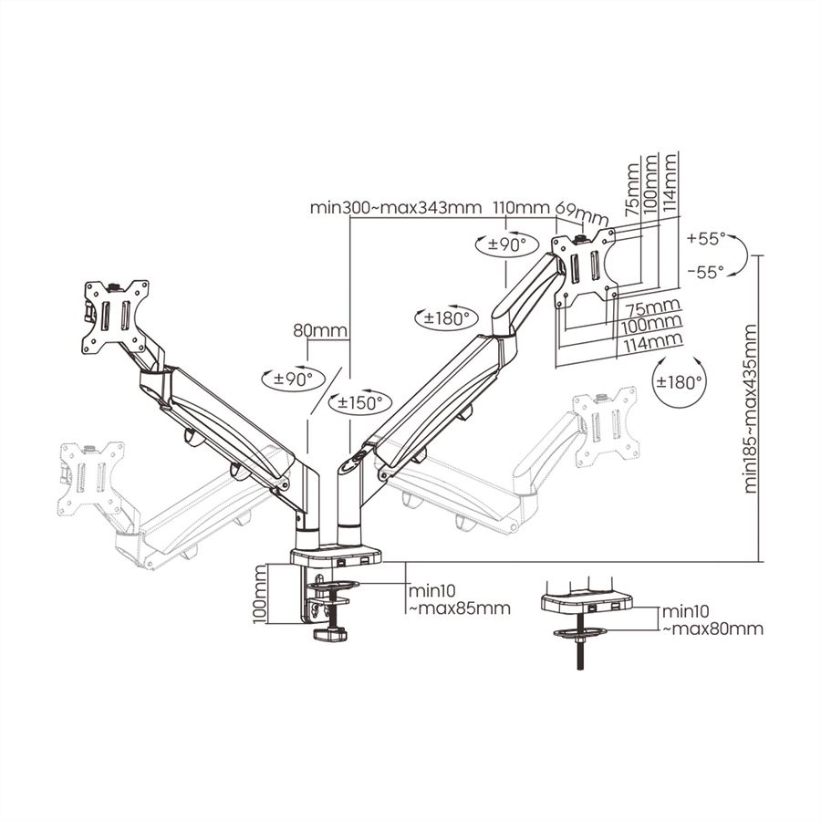 VALUE LCD-Doppelarm, Tischmontage, Platzsparend, Springfeder, 6 Gelenke, 17-32 Zoll, bis 2x 9 kg