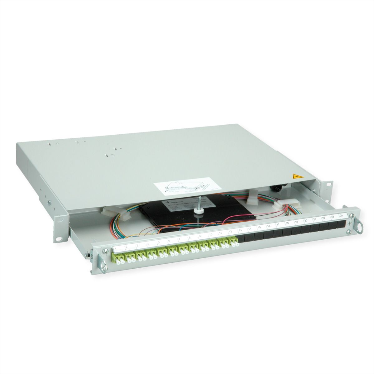 TELEGÄRTNER PROFI V LWL-Panel mit Kupplungen & Pigtails, 12x LC Duplex, lindgrün, OM5, Grade B