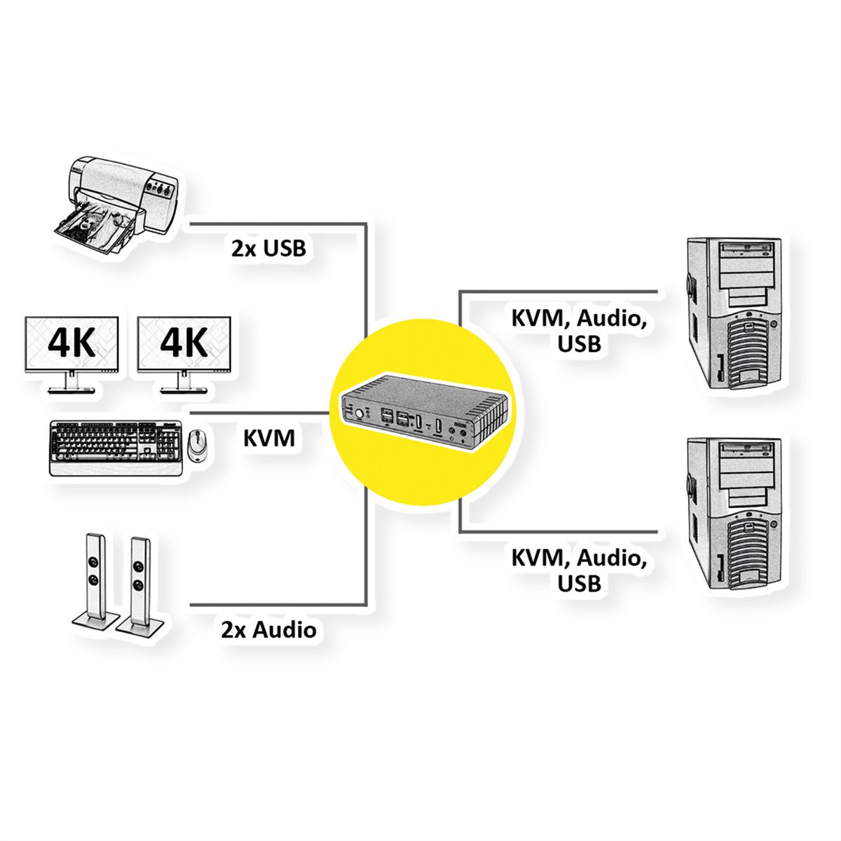 ROLINE KVM-Audio-Switch Dual Head HDMI 4K60, 1 User - 2 PC