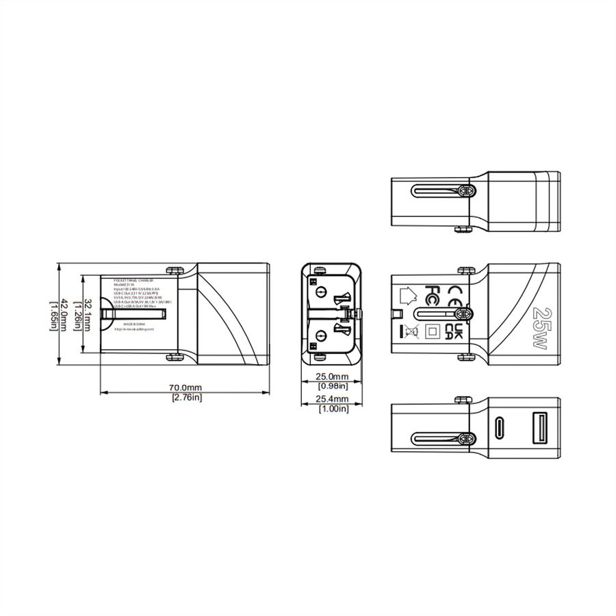 VALUE USB Reise-Charger mit Euro-Flach-/UK-/US-Stecker, 2 Port (Typ-A QC3.0, Typ-C PD), 25W