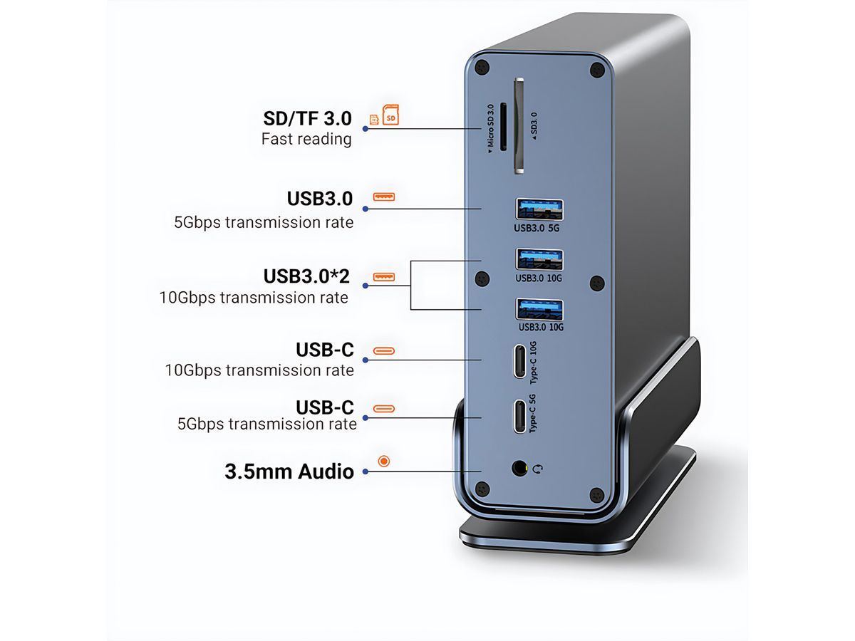 VALUE USB Typ C Docking Station 16in1, 2x HDMI 4K60, 1x DP 4K60, 1x Gigabit Ethernet, 5x USB A, 2x USB C, 1x Typ C PD, 1x SD/microSD, 1x Audio
