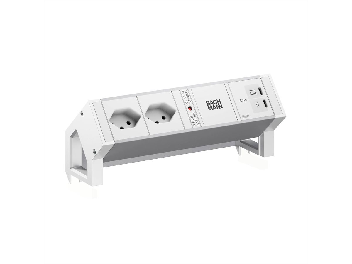 BACHMANN DESK2 ALU WHITE 2xCH 90°, 1xUSB C/C 65W L=0,2m RAL9010