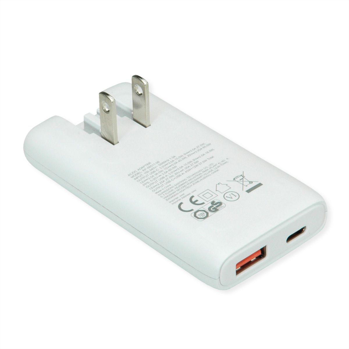 VALUE USB Charger mit Euro-/US-Stecker, 2 Ports Typ A+C, 65W